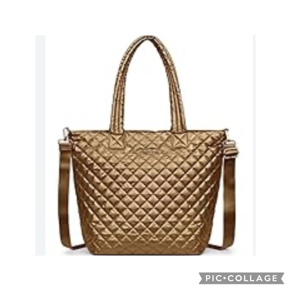 Quilted Metallic Gold Tote Bag with Shoulder Strap